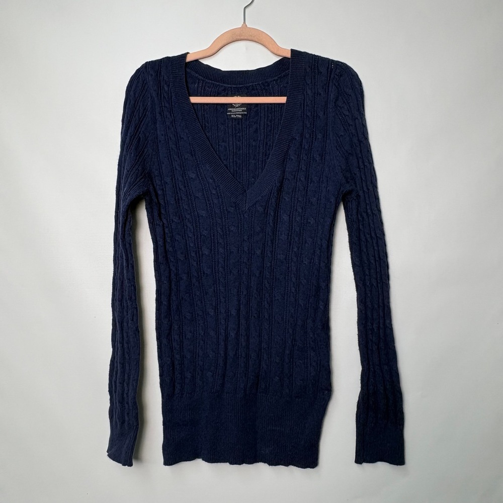 American Eagle Womens Y2K Navy Blue Cable Knit V-Neck Sweater XL L/S Bella Swan